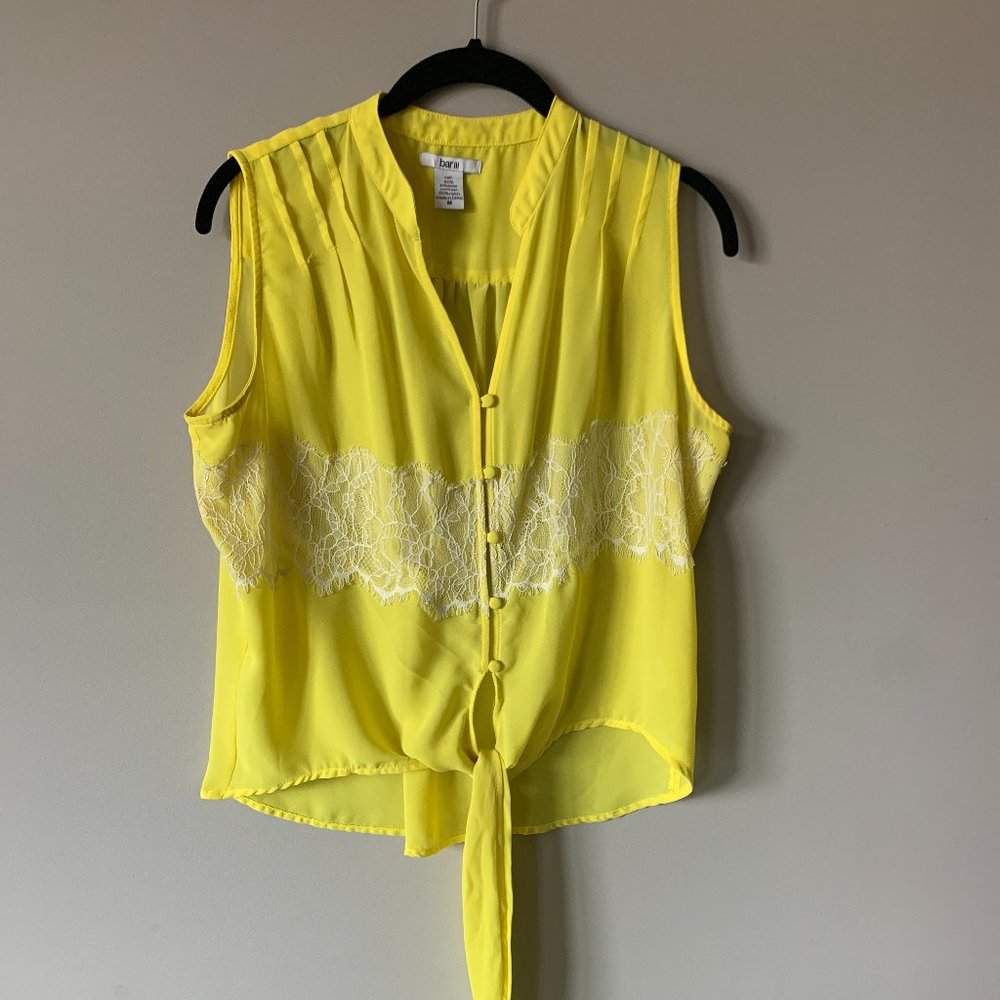 Bar III Blouse - V-Neck with Button Front Closure & Tie Front - Yellow w/ Lace